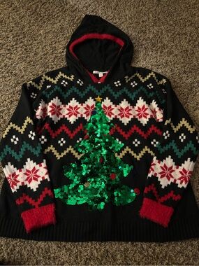Women’s Black Hooded Holiday Sweater with Green Sequin Christmas Tree